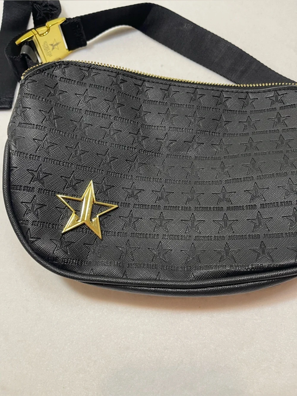Jeffree Star Cosmetics Black Faux Leather Belt Bag Fanny Pack Gold Star Logo